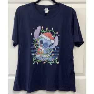 Disney Stitch Christmas Tangled Lights T-Shirt Navy Blue Women's Size XL